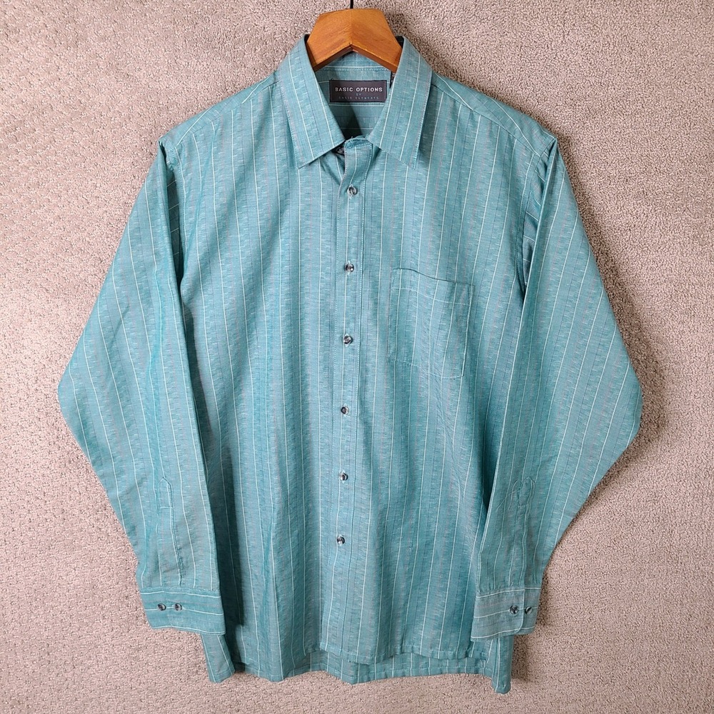 Vintage Basic Options Shirt Mens M Blue Striped Long Sleeve Button Down Teal